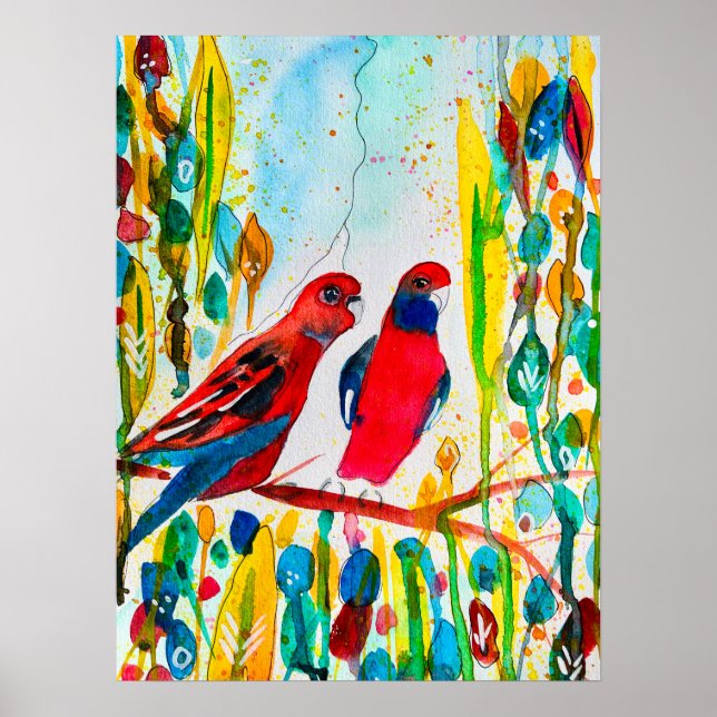 Rosella birds in tree watercolor art poster (Front)