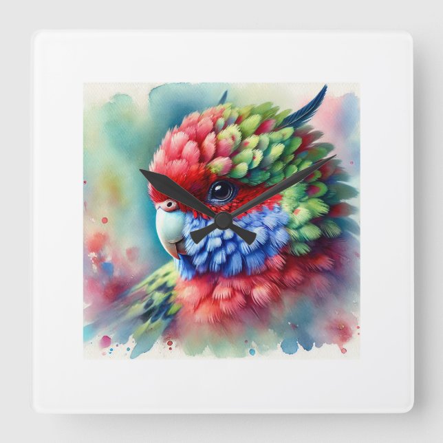 Rosella Parrot 220824AREF151 - Watercolor Square Wall Clock (Front)