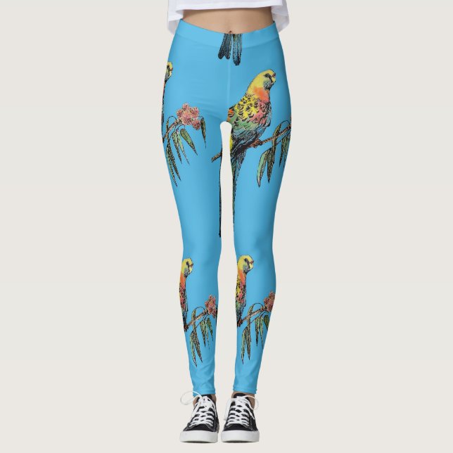 Rosella Parrot Aquarelle Bleu Leggings d'oiseaux (Devant)