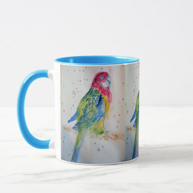 Rosella Parrot on branch Watercolour Mug Blue (Left)
