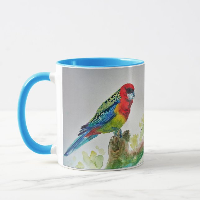 Rosella Parrot on branch Watercolour Mug Blue (Left)