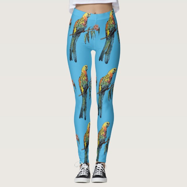 Rosella Parrot Watercolor Blue Bird Leggings (Front)