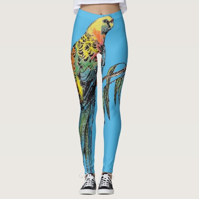 Rosella Parrot Watercolor Blue Bird Leggings (Front)