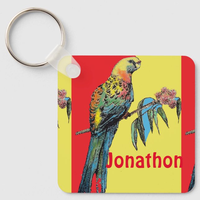 Rosella Parrot Watercolor Childs Boys Name Keychain (Front)