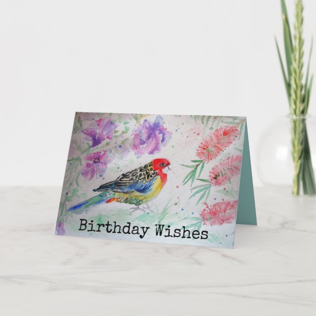 Rosella Parrot with Bottlebrush Birthday Card (Front)