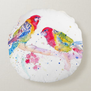 Rosella Red Parrot Parrots Watercolor Painting Round Pillow