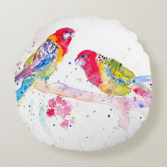 Rosella Red Parrot Parrots Watercolor Painting Round Pillow (Front)
