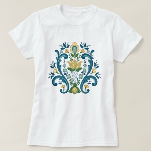 Rosemaling Blue and Gold T-Shirt (Design Front)