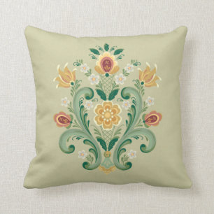 Rosemaling in Green and Gold Throw Pillow