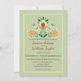 Rosemaling in Green and Gold Wedding Invitation