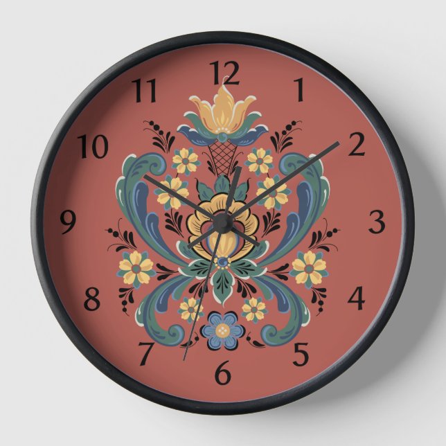 Rosemaling in Red and Gold Clock (Front)