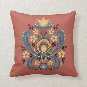 Rosemaling in Red and Gold Throw Pillow