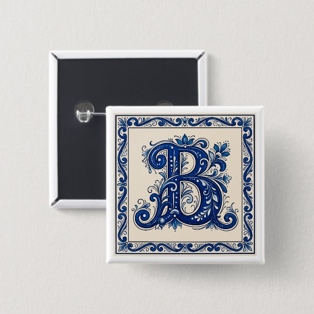 Rosemaling Monogram-Prussian Blue 2 Inch Square Button (Front & Back)