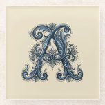 Rosemaling Monogram Prussian Blue Glass Coaster<br><div class="desc">Celebrate your heritage with this elegant, hand-painted style Telemark Rosemaling design. Featuring the letter A, this piece captures the traditional Norwegian folk art style characterized by its flowing asymmetrical scrolls, intricate leaf work, and delicate linework. The palette is a striking combination of deep Prussian blue, crisp white, and bold black,...</div>