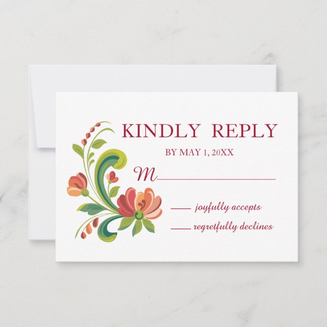 Rosemaling Red and Pink RSVP Card (Front)