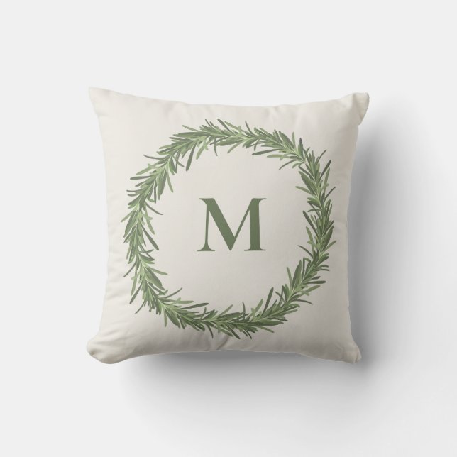 Rosemary wreath monogram Christmas/holiday Throw Pillow (Front)