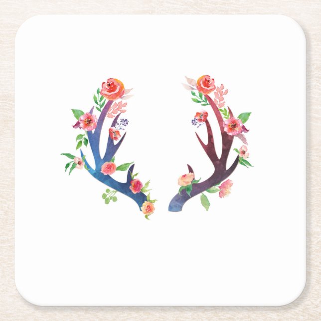 Roses and Antler Square Paper Coaster (Front)