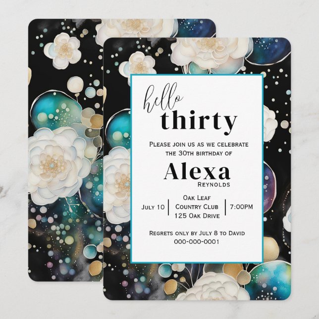 Roses and Bubbles Abstract 30th Birthday Party Invitation (Front/Back)