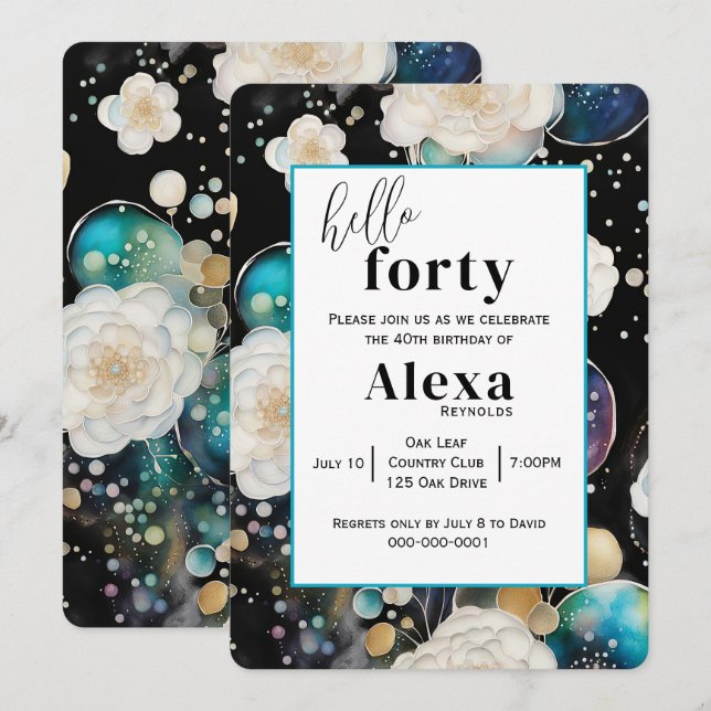 Roses and Bubbles Abstract 40th Birthday Party Invitation (Front/Back)