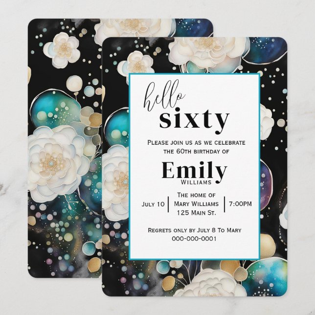 Roses and Bubbles Abstract 60th Birthday Party Invitation (Front/Back)