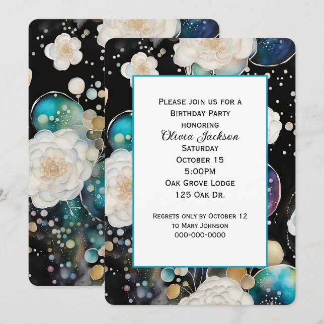 Roses and Bubbles Abstract Birthday Party Invitation (Front/Back)