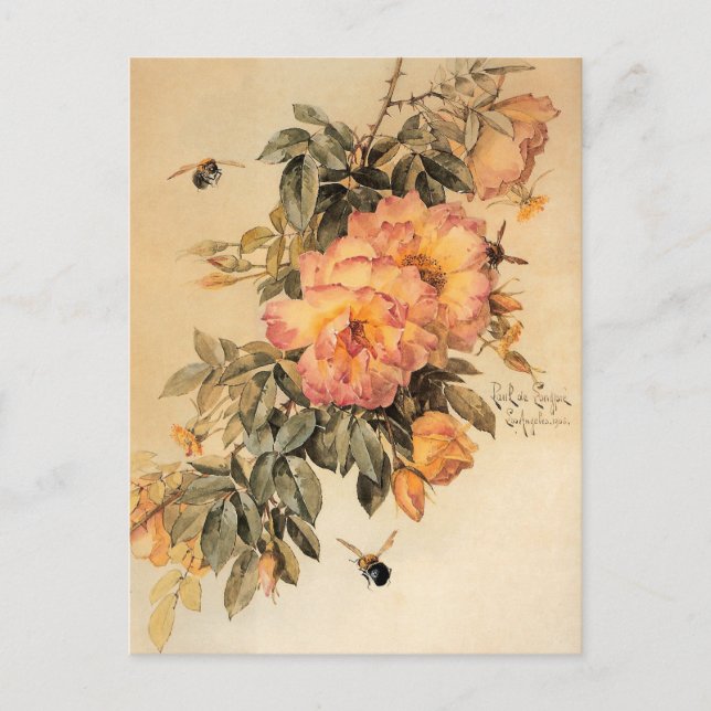‘Roses and Bumblebees’ by Paul de Longpré Postcard (Front)