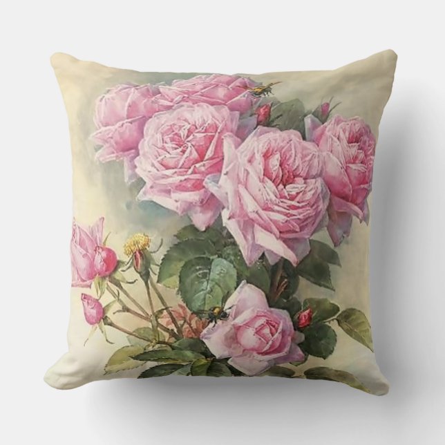 Roses and Bumblebees by Paul de Longpre Throw Pillow (Front)