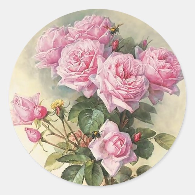 Roses and Bumblebees Paul de Longpre Fine Art Classic Round Sticker (Front)