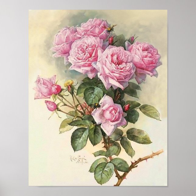 Roses and Bumblebees Paul de Longpre Fine Art Poster (Front)