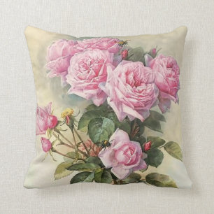 Roses and Bumblebees Paul de Longpre Fine Art Throw Pillow