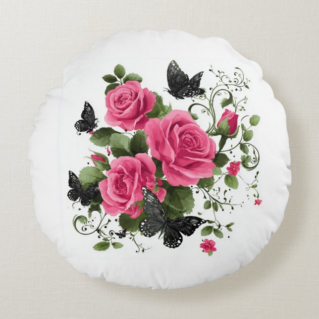 Roses and Butterflies, Colorful Design, Round Pillow (Front)