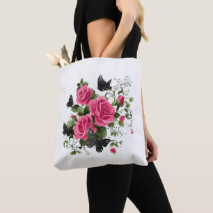 Roses and Butterflies, Colorful Design, Tote Bag