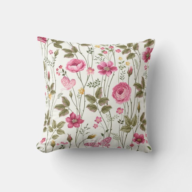 Roses and Butterflies: Floral Seamless Throw Pillow (Front)