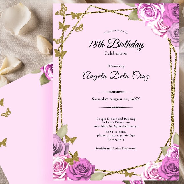Roses and Butterflies Pink 18th Debut Birthday Invitation (Creator Uploaded)