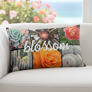 Roses and Cacti Photo Collage Blossom Script Bold  Lumbar Pillow