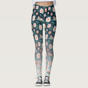 Roses and cats on a metallic backdrop leggings