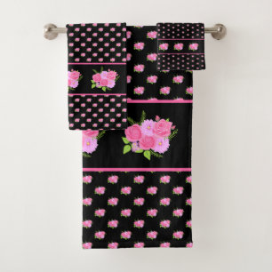 Roses and Dahlias Black Bath Towel Set