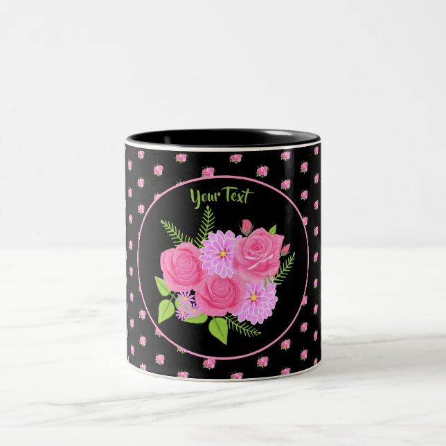 Roses and Dahlias Black Two-Tone Coffee Mug (Center)