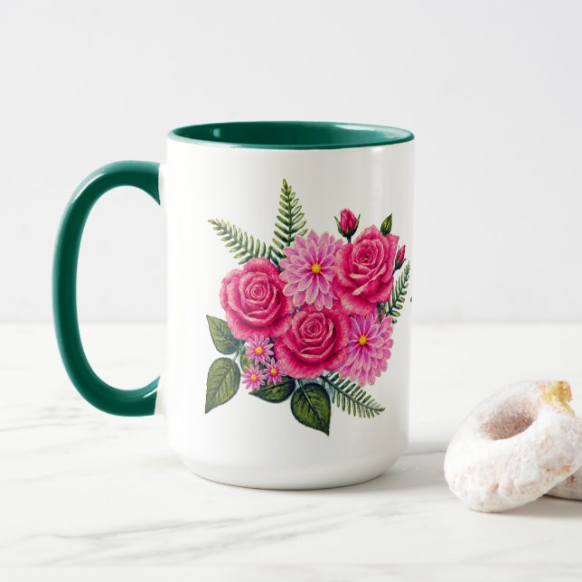 Roses and Dahlias Large Mug (With Donut)