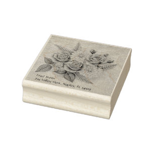 Roses and Dahlias Wooden Stamp With Address