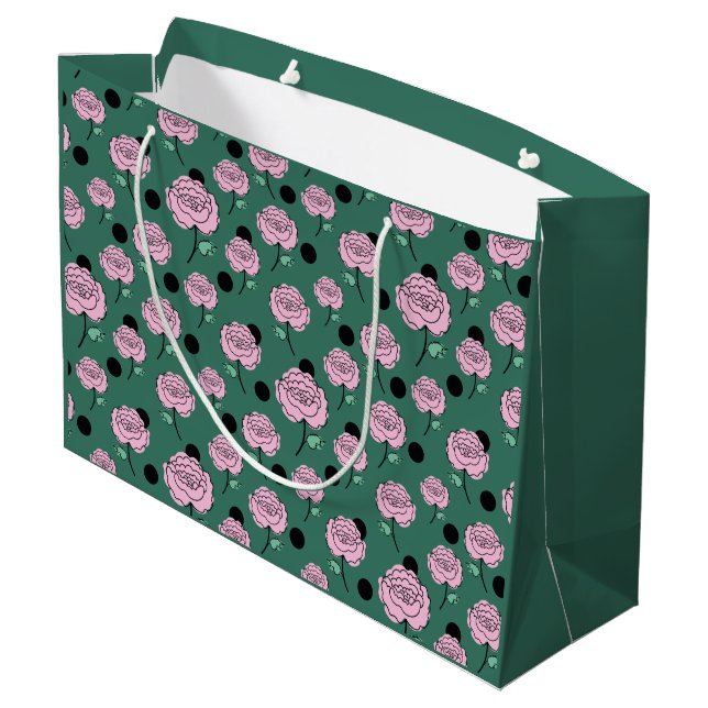 Roses and dots on dark green. large gift bag (Back Angled)
