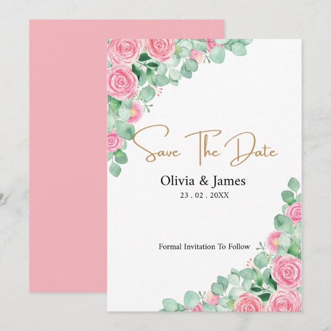 Roses and Eucalyptus Wedding Save the date card (Front/Back)
