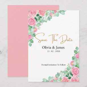 Roses and Eucalyptus Wedding Save the date card