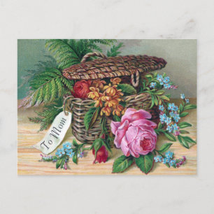 Roses and Ferns in Basket Vintage Victorian Postcard