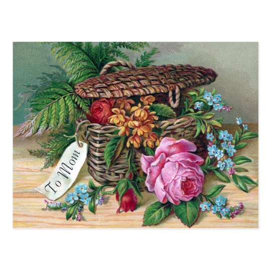 Roses and Ferns in Basket Vintage Victorian Postcard