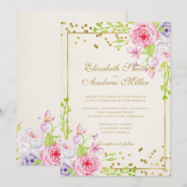 Roses and Gold Confetti Floral Wedding Invitation (Front/Back)