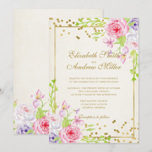 Roses and Gold Confetti Floral Wedding Invitation