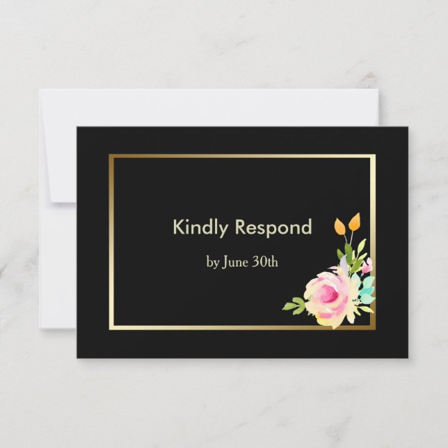 Roses and Gold Frame Wedding RSVP Card (Front)