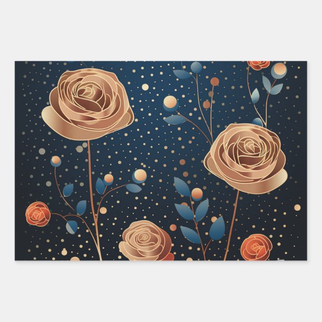roses and gold polka dotes  wrapping paper sheet (Front)