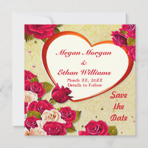 Roses and Heart Frame Save the Date Flat Card
